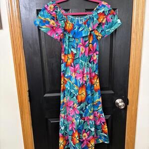 Hilo Hattie Hawaiian Dress Sz M Colorful Floral Ruffle Hem Pocket Tropical VTG
